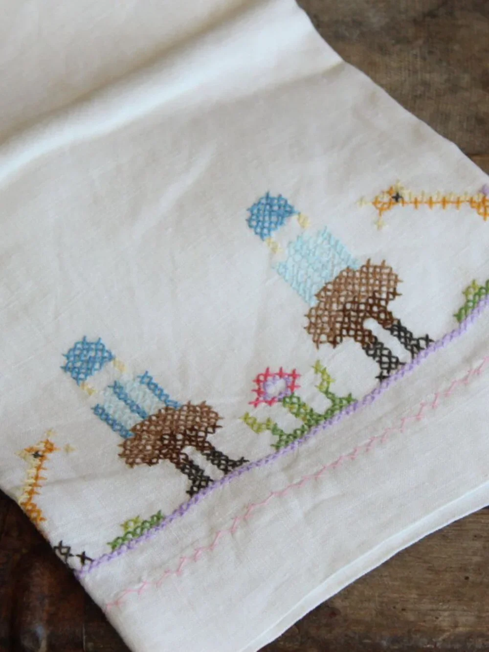 Vintage 1950s Hand Towel, White Linen Cross-stitched, Embroidery Tea Towel